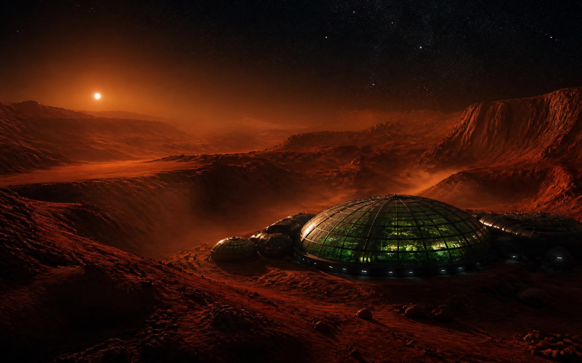 Mars yüzeyinde biyoteknolojik tarım kubbesi ve yıldızlı gökyüzü