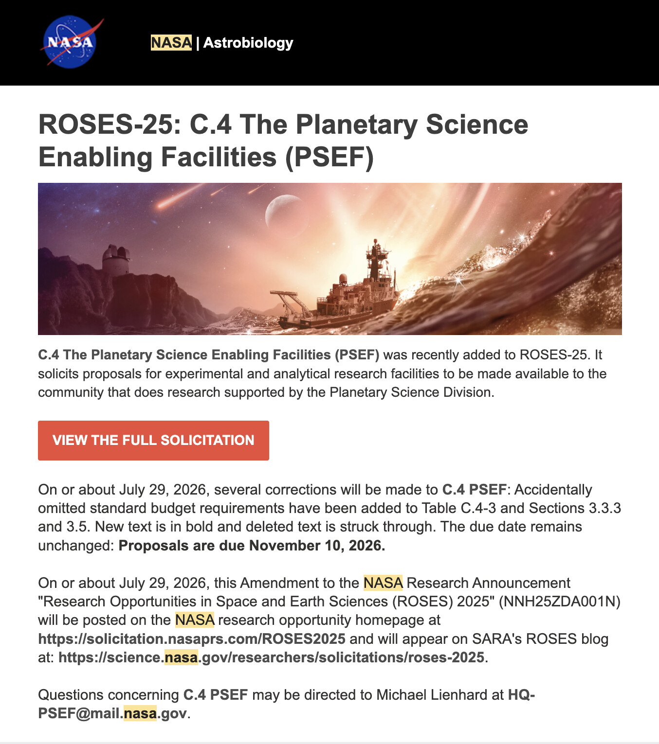 NASA Astrobiyoloji programından gelen ROSES-25 C.4 PSEF çağrı e-postasının ekran görüntüsü